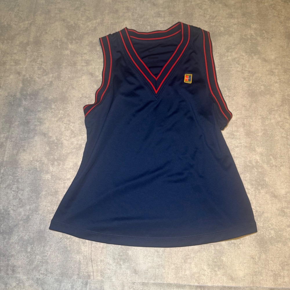 Nike Court Dri-FIT Tennis Tank Top Navy Blue Red Striped V-Neck Medium